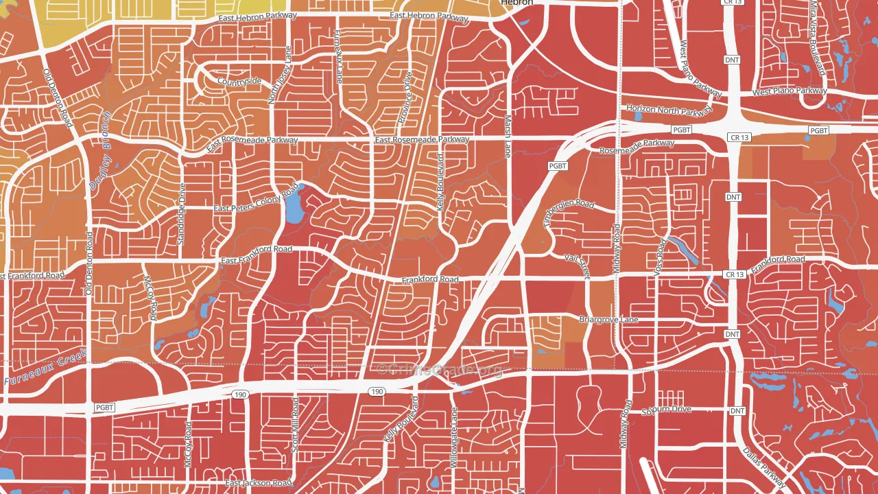Far North Dallas-Carrollton, Carrollton, TX Map of Vehicle Theft Rates