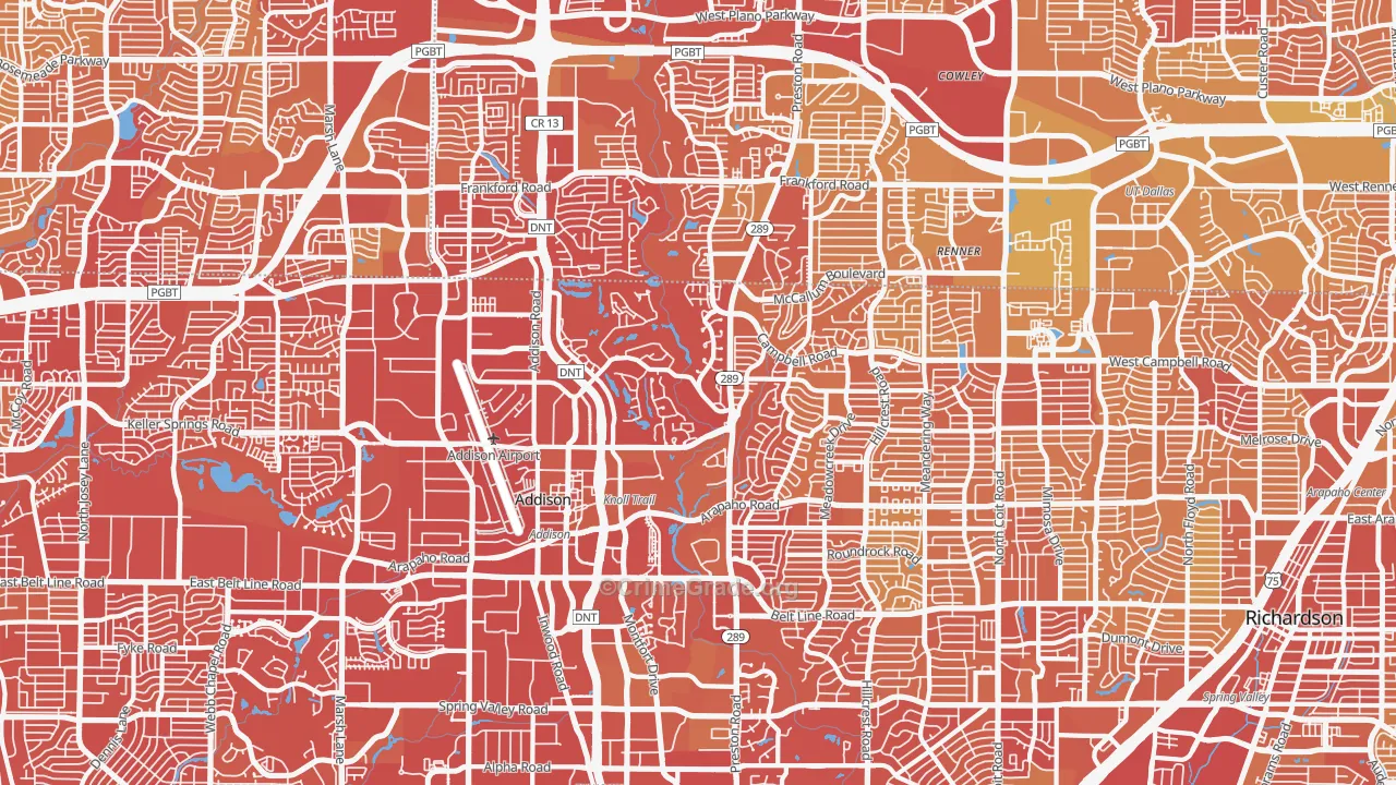 Far North Dallas, Dallas, TX Map of Vehicle Theft Rates
