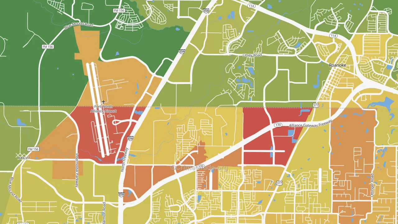 Far North Dallas-Roanoke, Roanoke, TX Map of Vehicle Theft Rates
