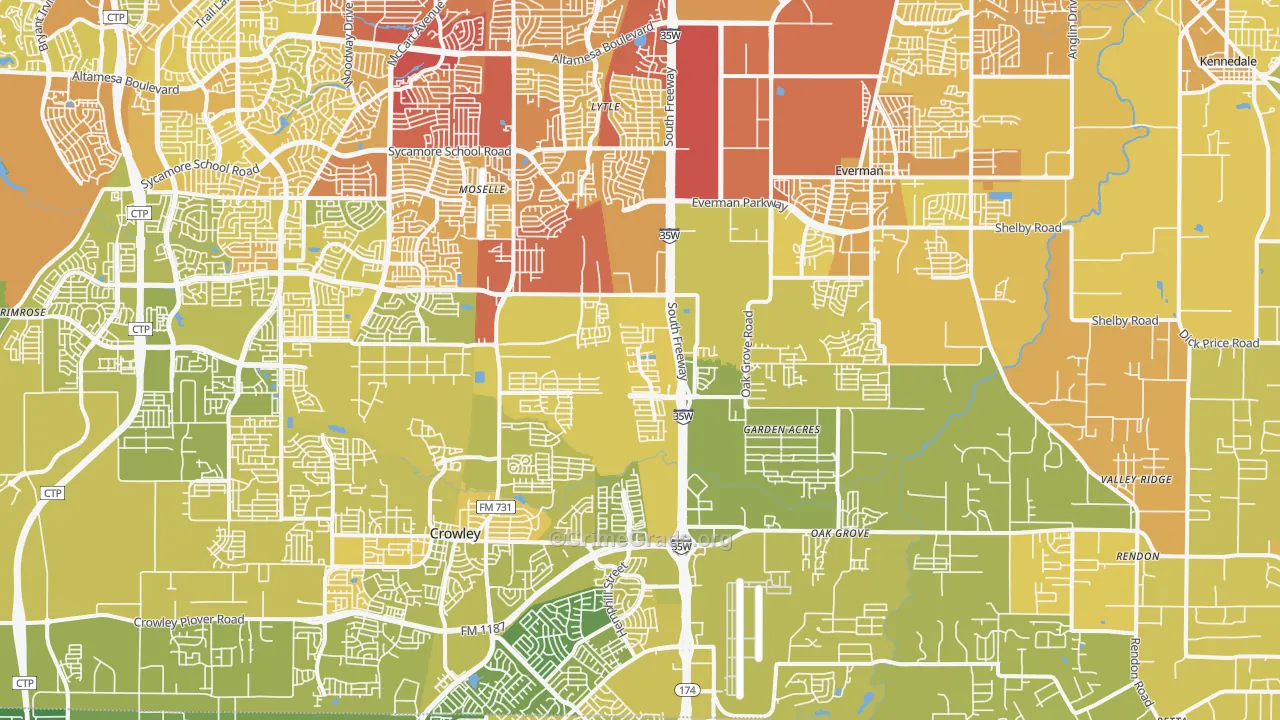 Far South, Fort Worth, TX Map of Vehicle Theft Rates