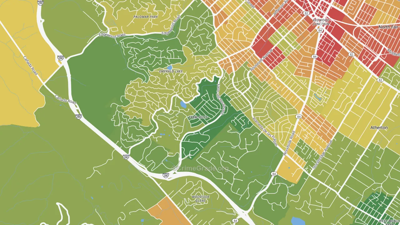 Farm Hills, Redwood City, CA Map of Vehicle Theft Rates