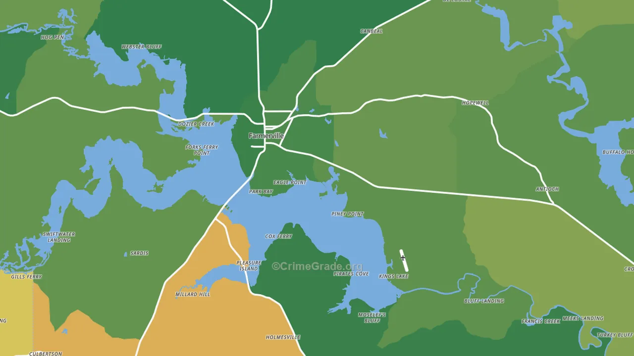 Farmerville, LA Map of Vehicle Theft Rates