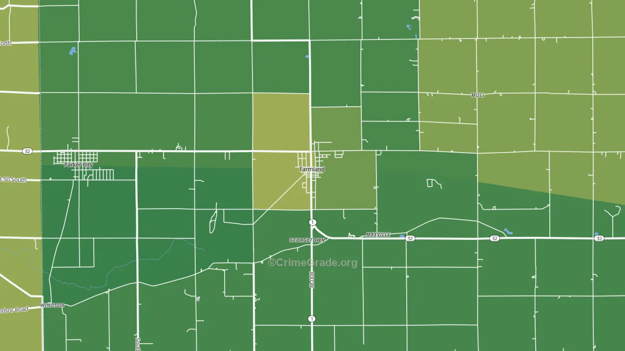 Farmland, IN Map of Vehicle Theft Rates