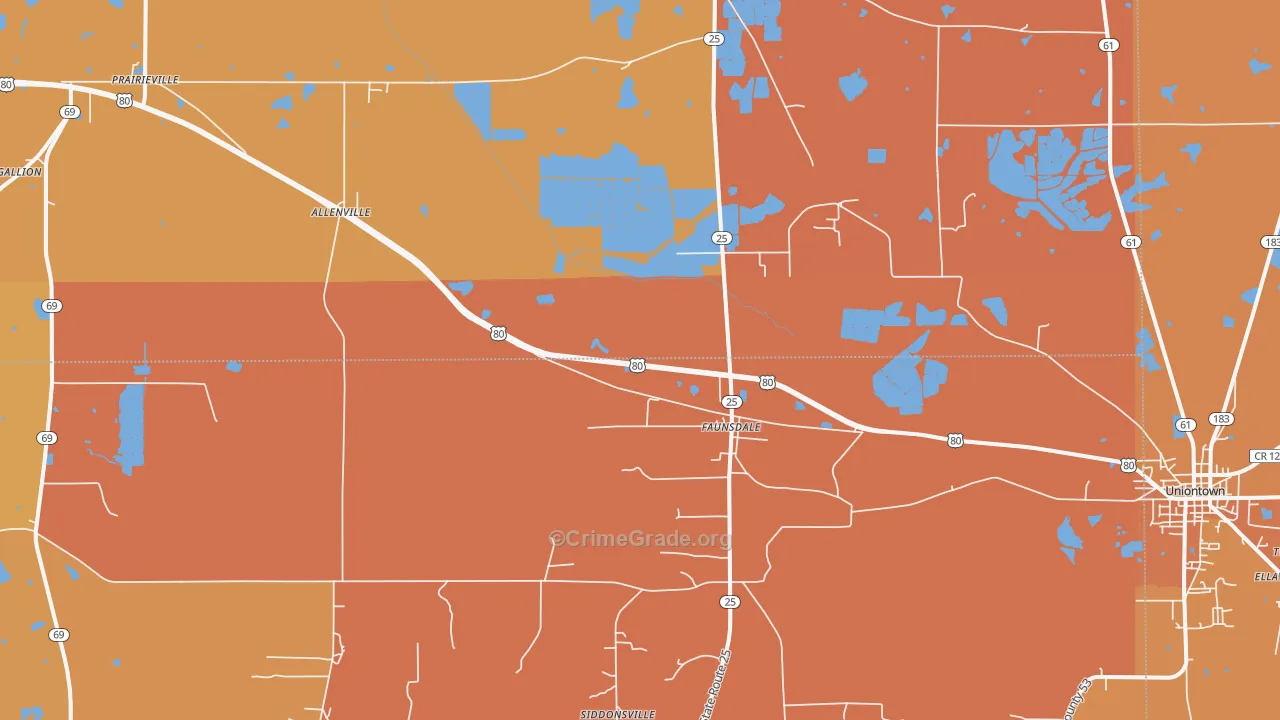 Faunsdale, AL Map of Vehicle Theft Rates