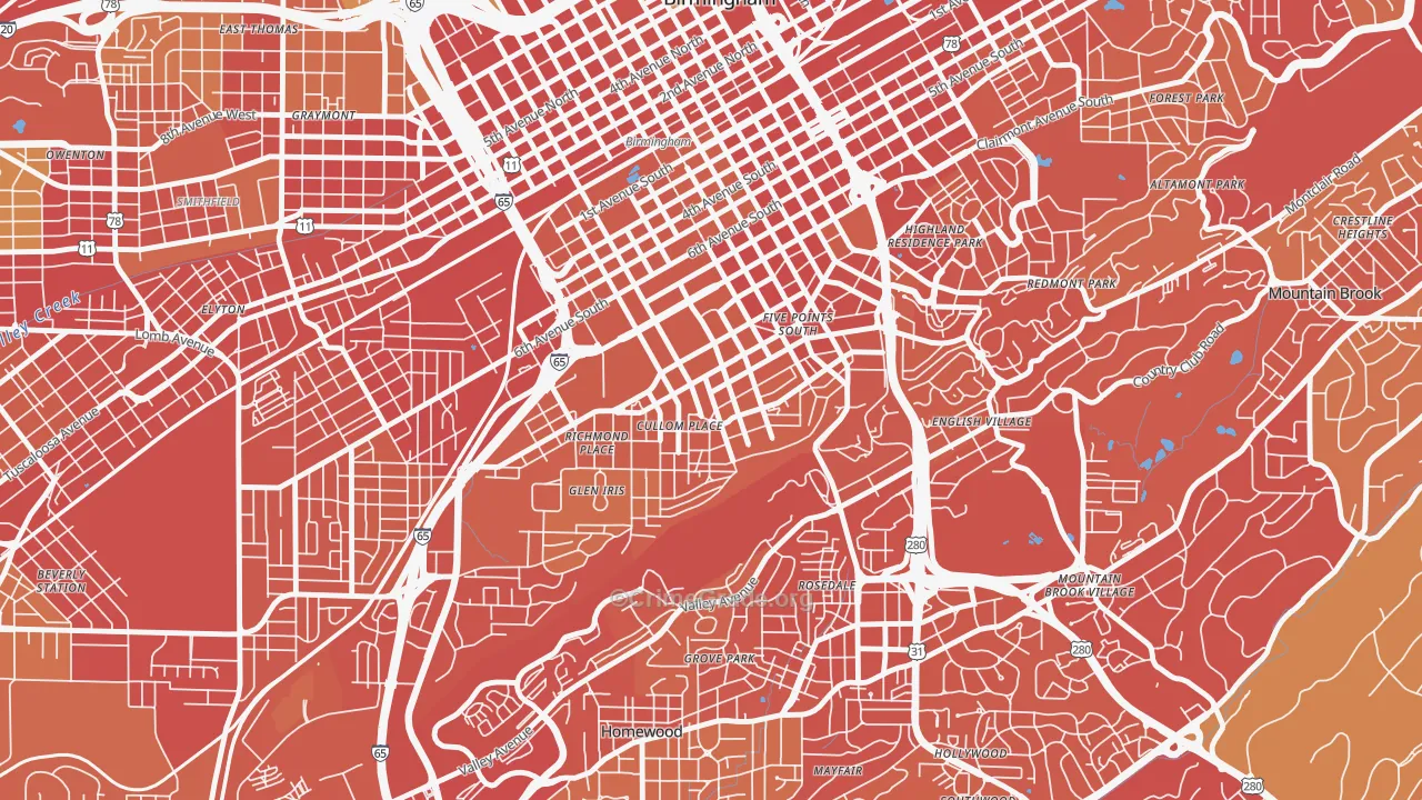 Five Points South, Birmingham, AL Map of Vehicle Theft Rates