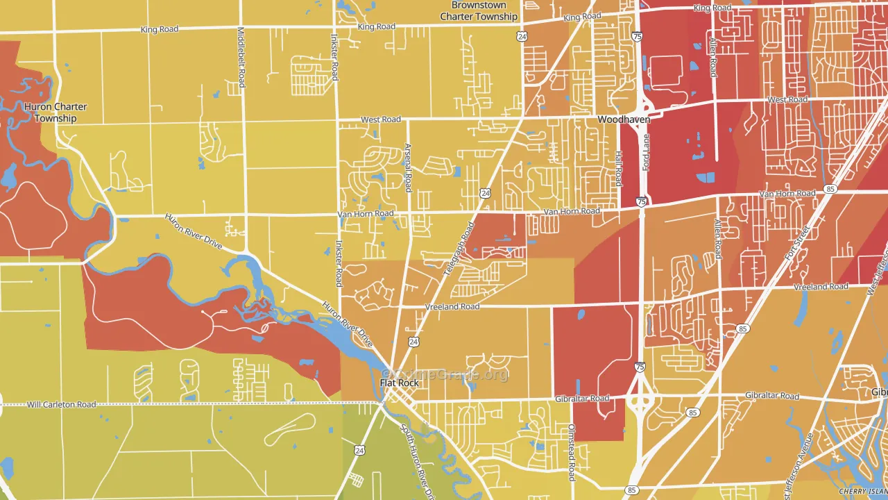 Flat Rock Area, Flat Rock, MI Map of Vehicle Theft Rates