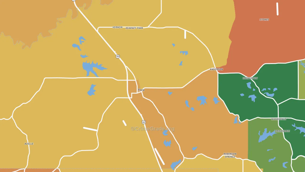 Flora, MS Map of Vehicle Theft Rates