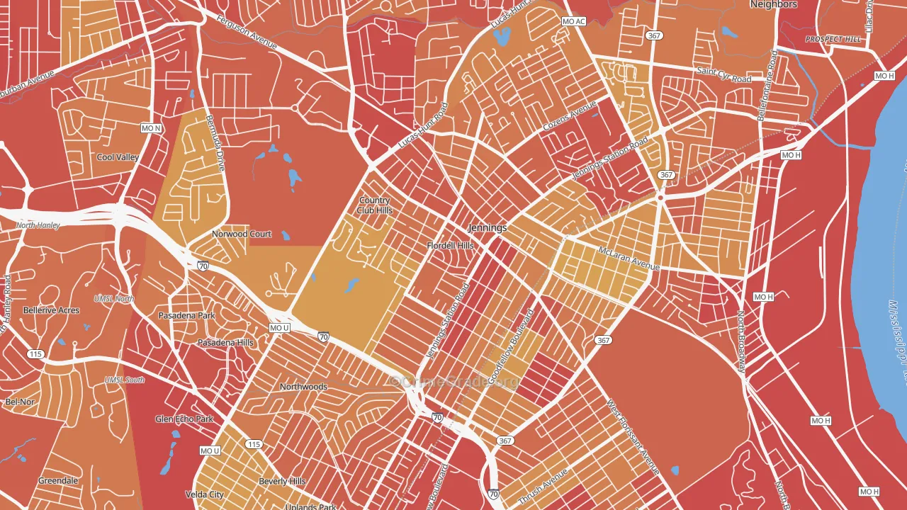 Flordell Hills, MO Map of Vehicle Theft Rates