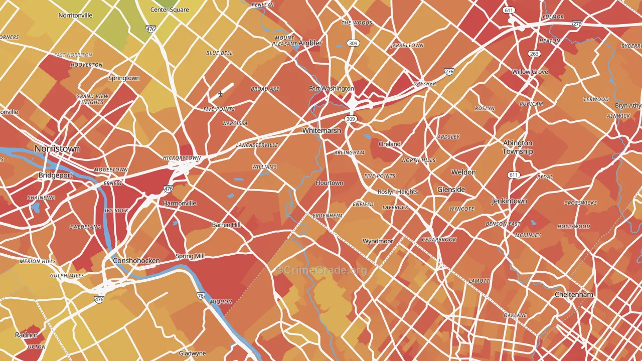 Flourtown, PA Map of Vehicle Theft Rates