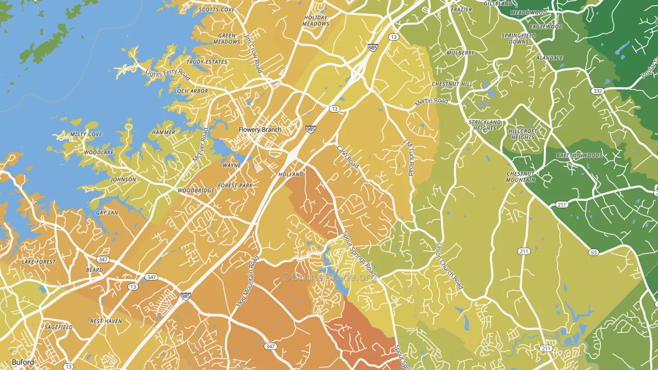 Flowery Branch, GA Map of Vehicle Theft Rates