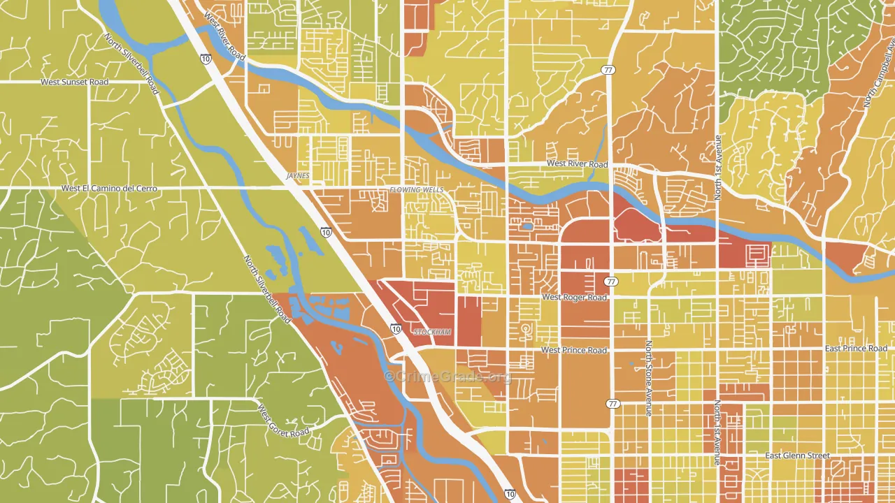 Flowing Wells, AZ Map of Vehicle Theft Rates