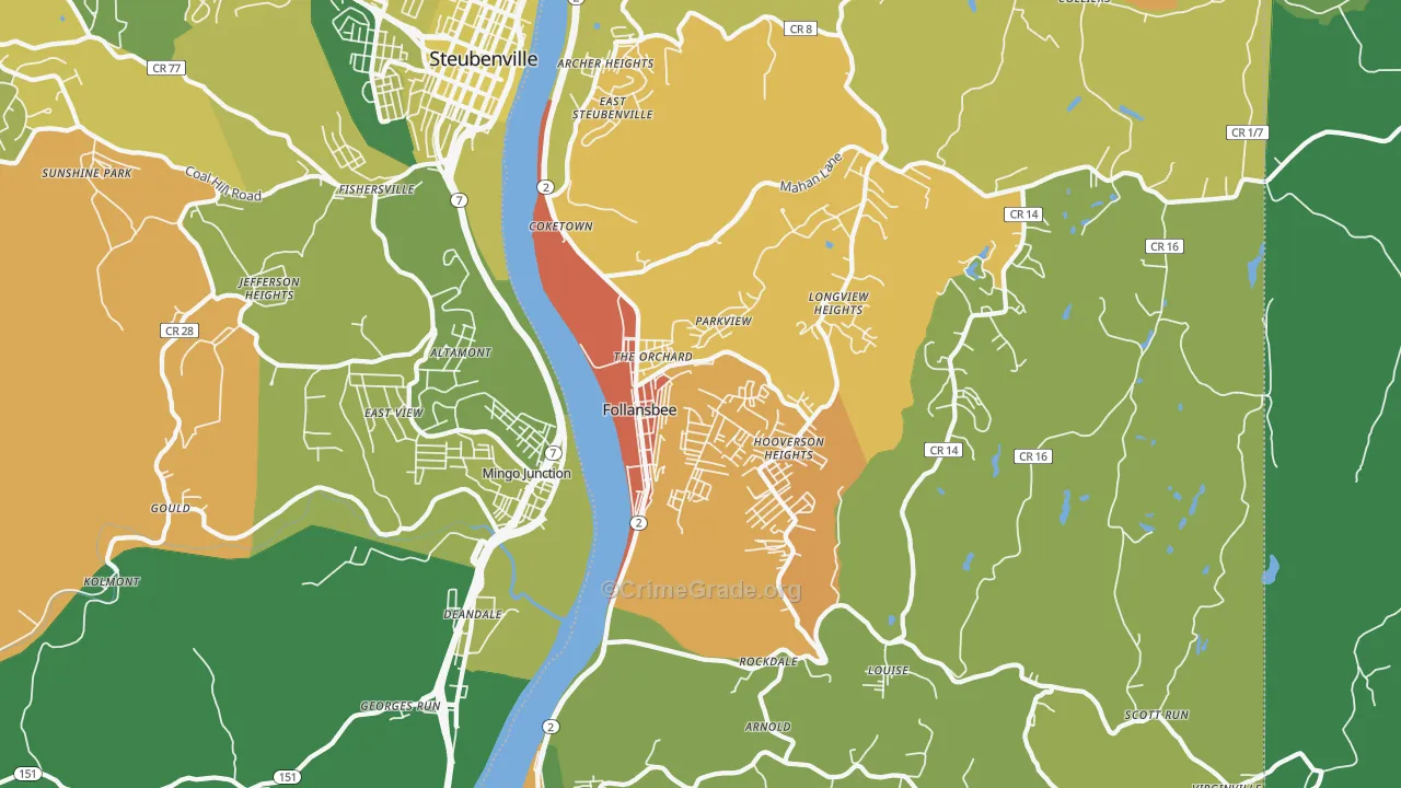 Follansbee, WV Map of Vehicle Theft Rates