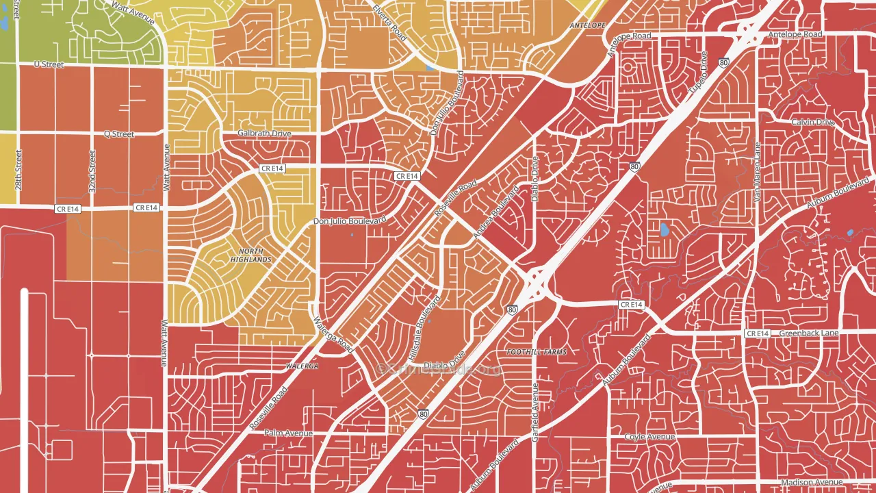 Foothill Farms, CA Map of Vehicle Theft Rates