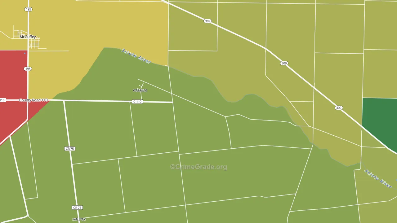 Foraker, OH Map of Vehicle Theft Rates