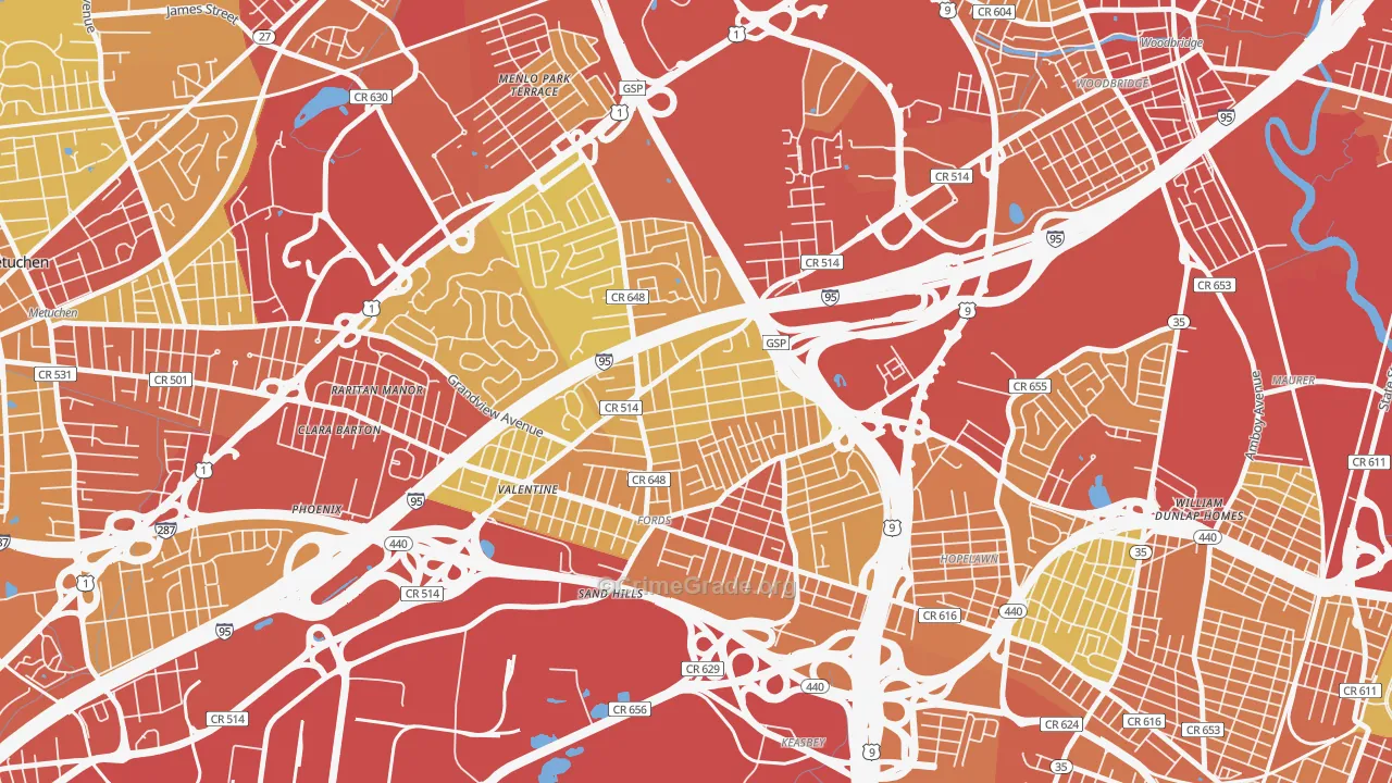 Fords, NJ Map of Vehicle Theft Rates