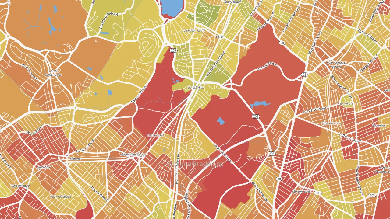 Forest Hills, Jamaica Plain, MA Map of Vehicle Theft Rates
