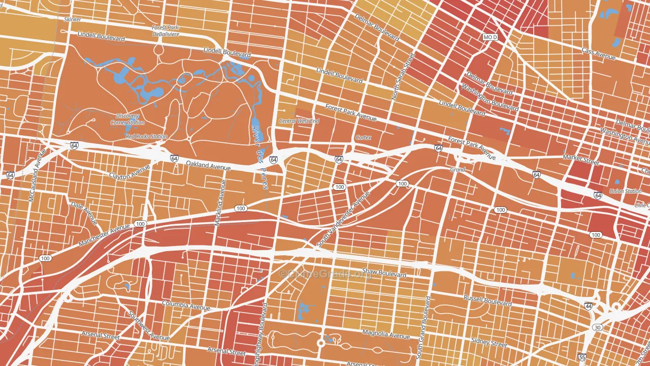Forest Park Southeast, St. Louis, MO Map of Vehicle Theft Rates
