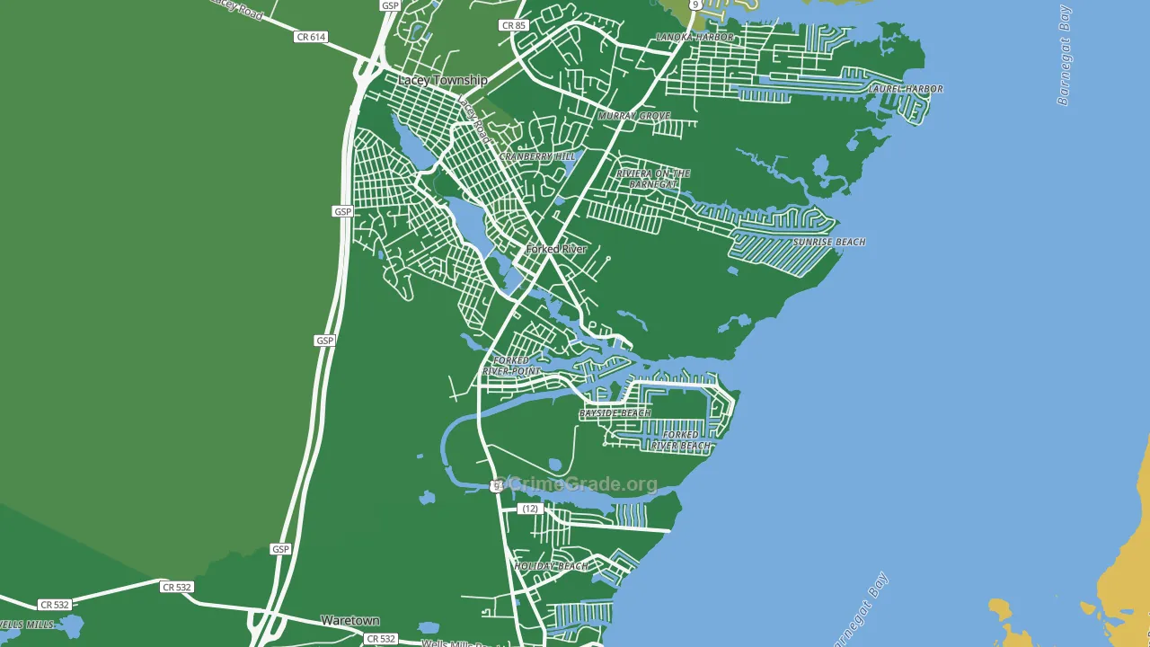 Forked River Beach, NJ Map of Vehicle Theft Rates