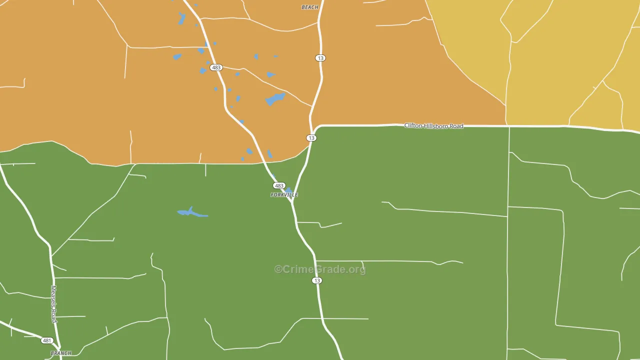 Forkville, MS Map of Vehicle Theft Rates