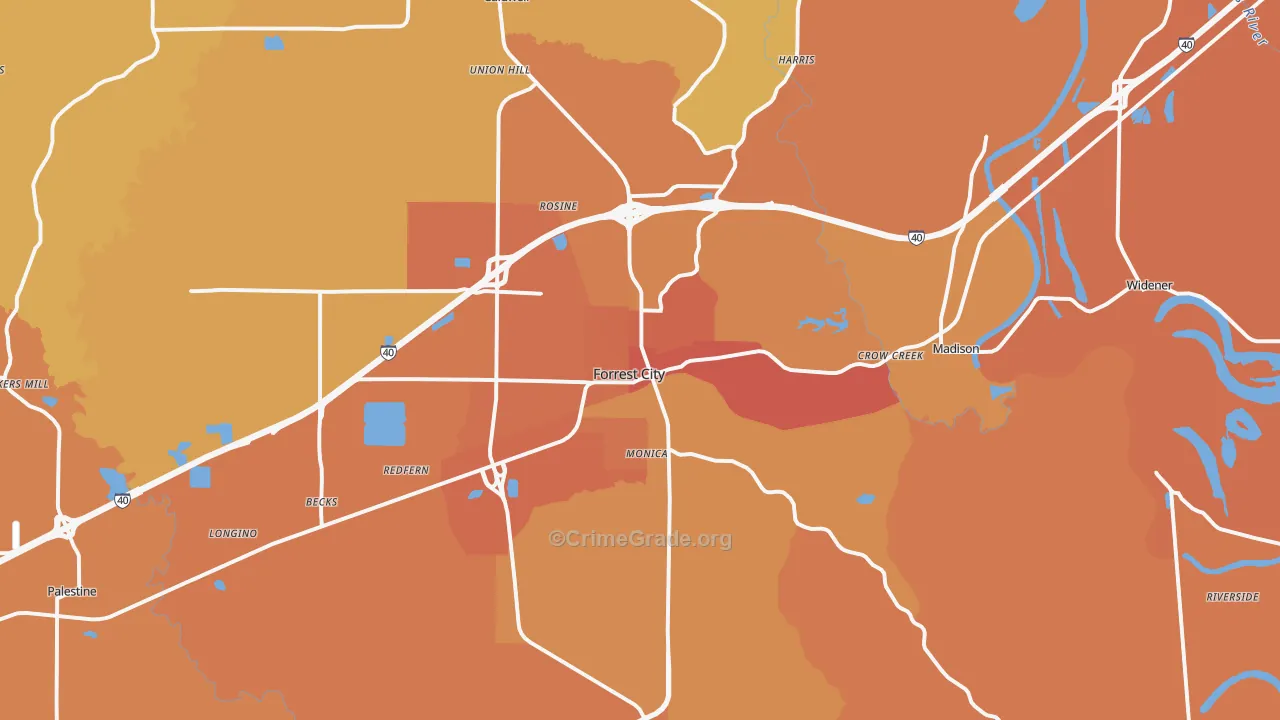 Forrest City, AR Map of Vehicle Theft Rates