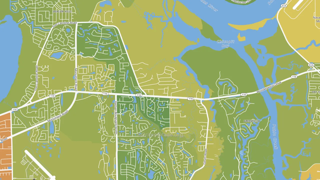 Fort Caroline Shores, Jacksonville, FL Map of Vehicle Theft Rates