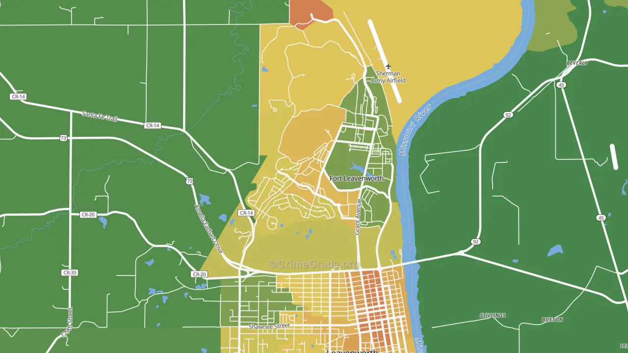Fort Leavenworth, KS Map of Vehicle Theft Rates