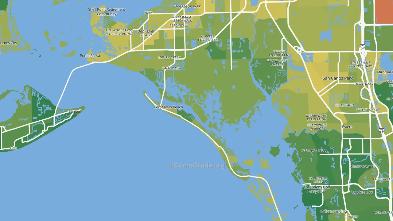 Fort Myers Beach, FL Map of Vehicle Theft Rates