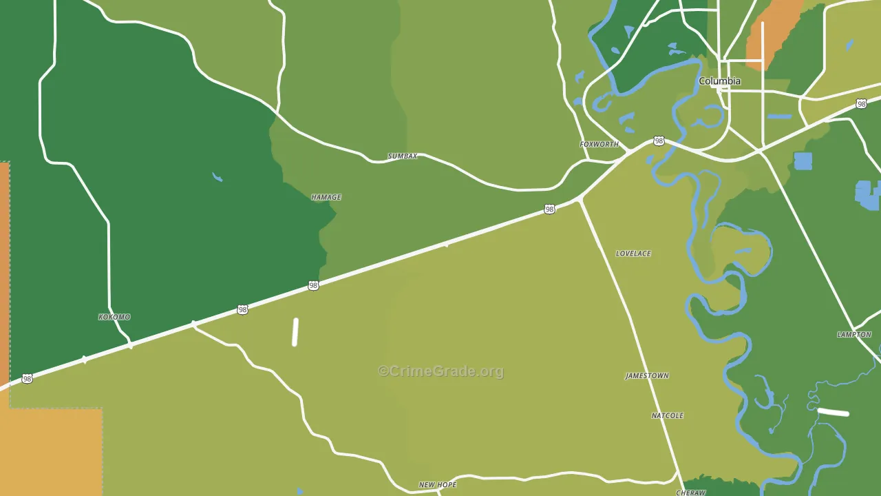 Foxworth, MS Map of Vehicle Theft Rates
