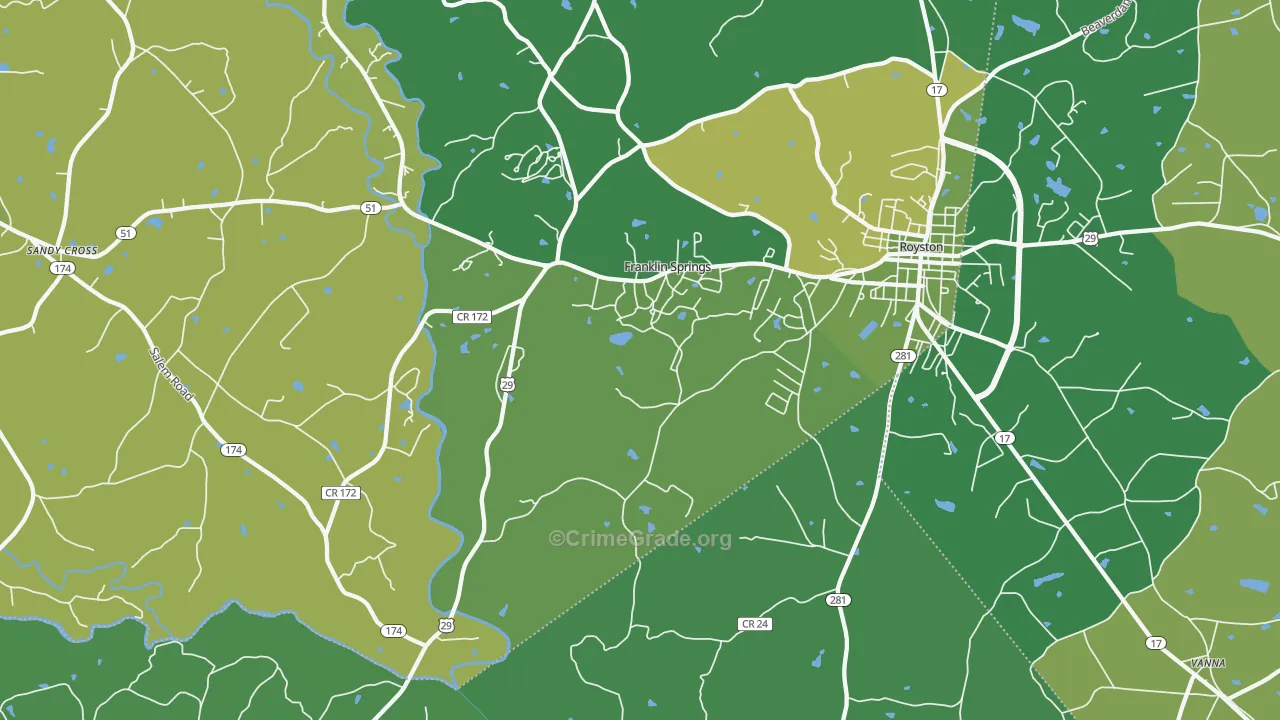 Franklin Springs, GA Map of Vehicle Theft Rates