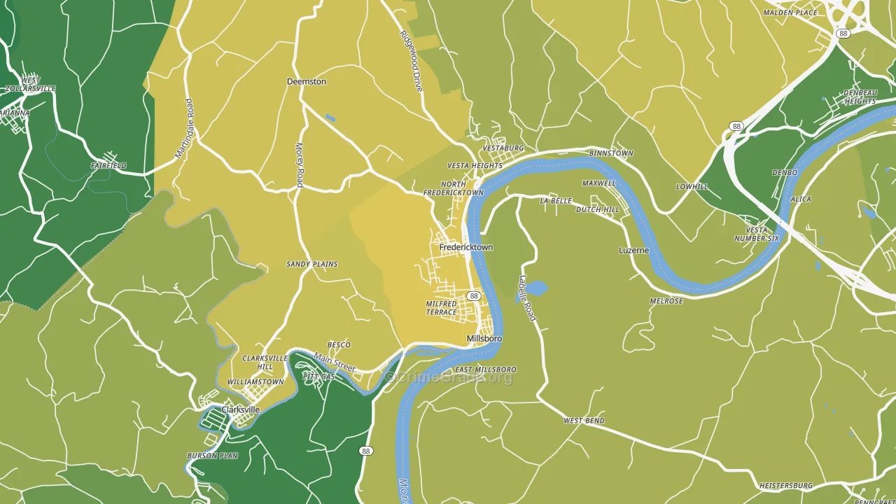 Fredericktown, PA Map of Vehicle Theft Rates