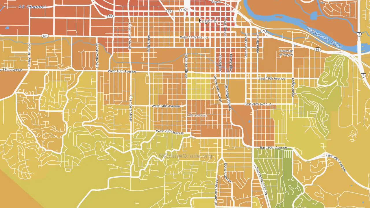 Friendly, Eugene, OR Map of Vehicle Theft Rates