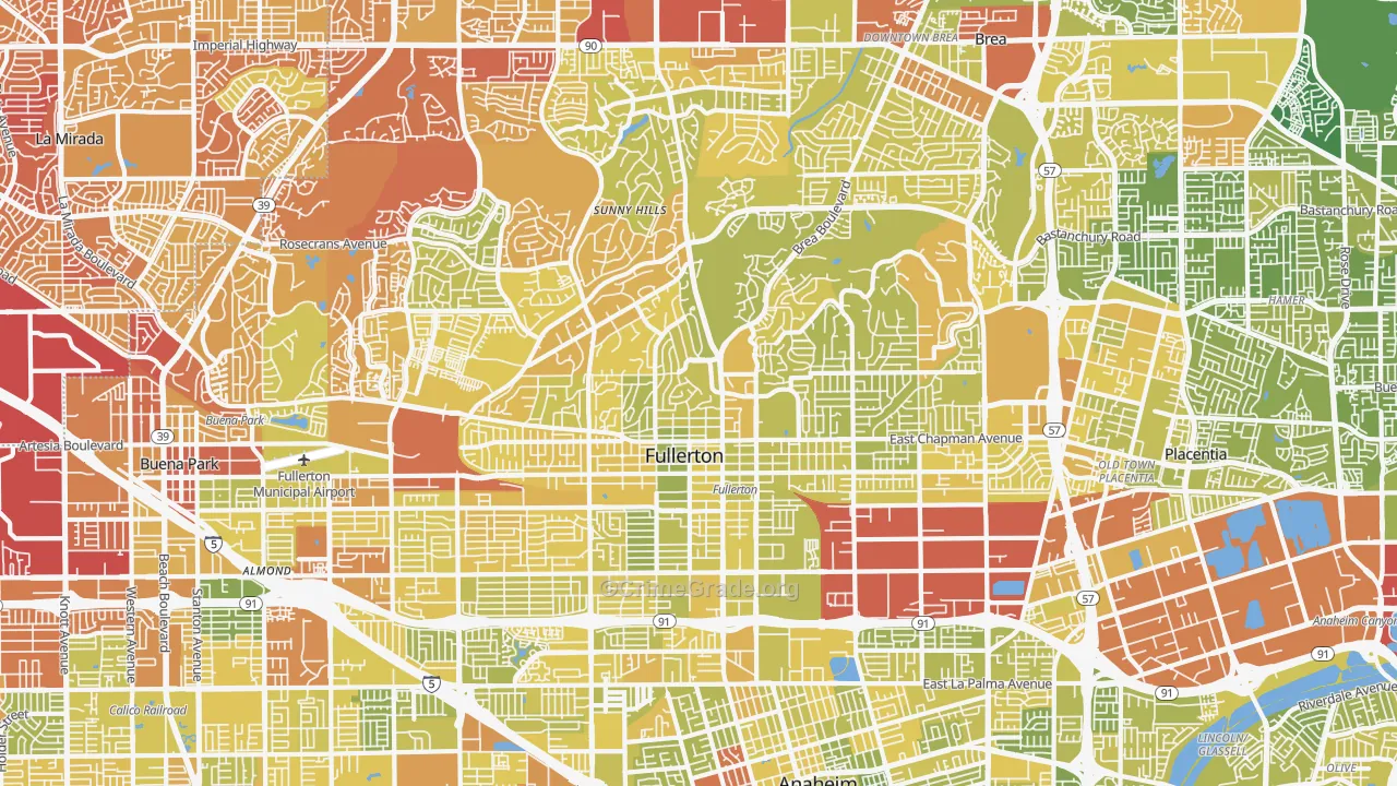 Fullerton, CA Map of Vehicle Theft Rates
