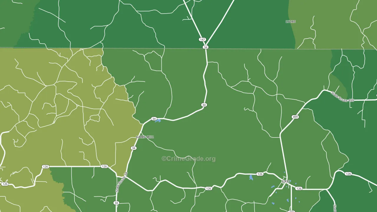 Gaars Mill, LA Map of Vehicle Theft Rates