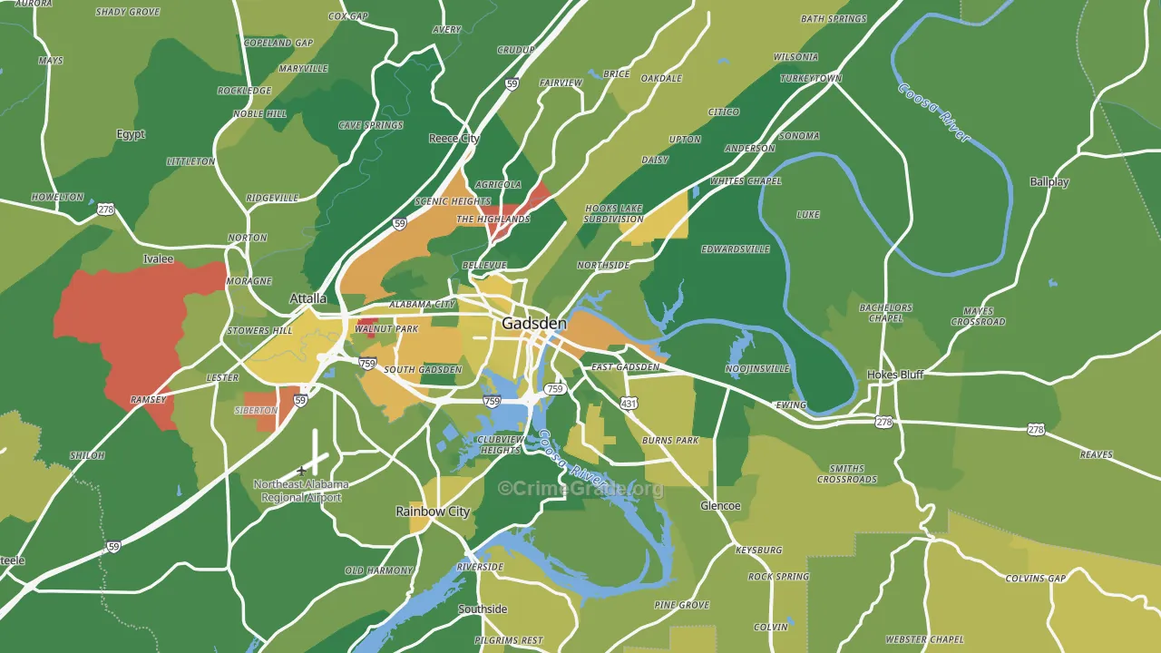 Gadsden, AL Map of Vehicle Theft Rates