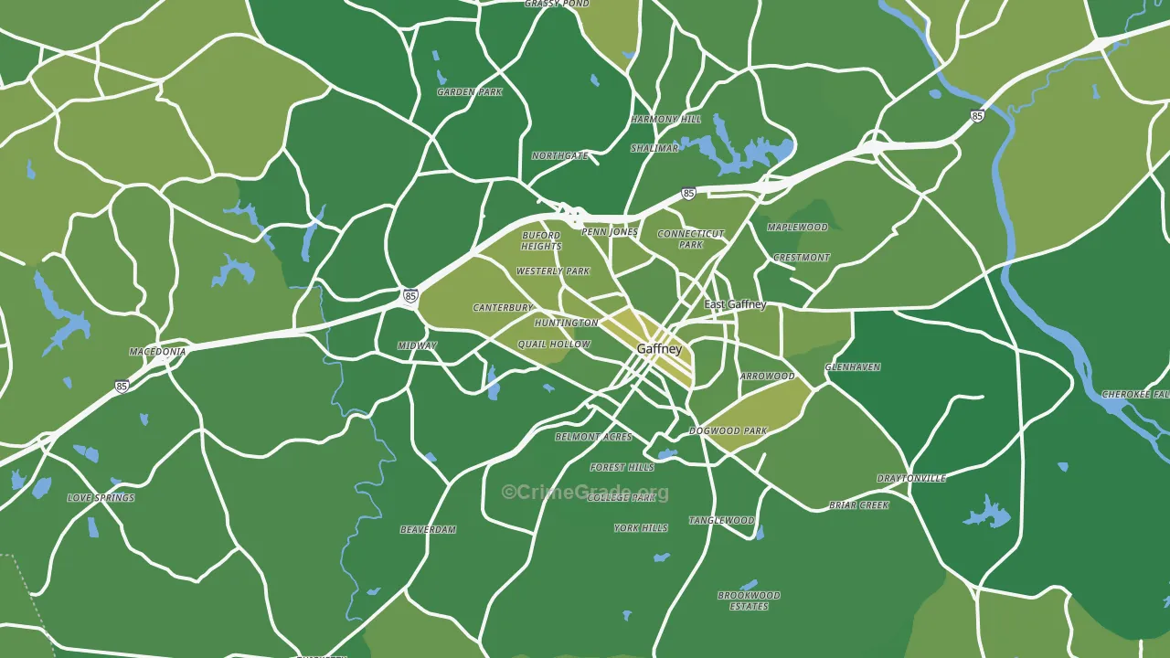 Gaffney, SC Map of Vehicle Theft Rates