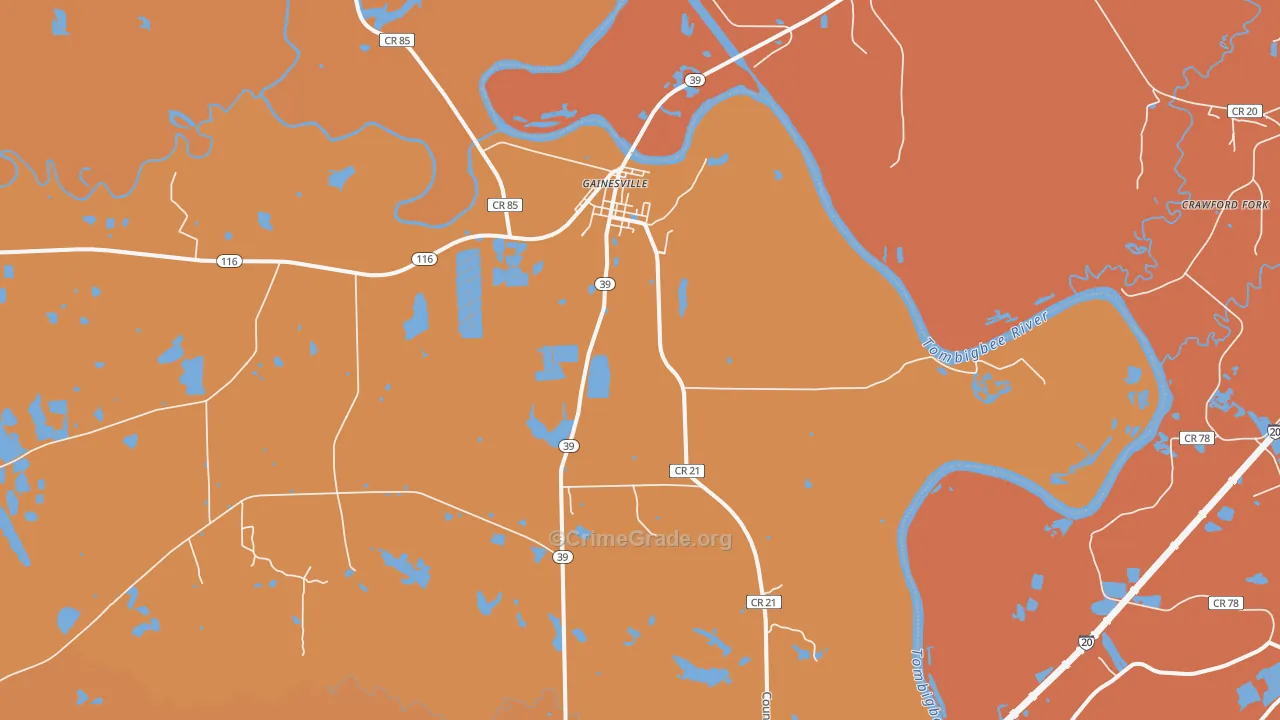 Gainesville, AL Map of Vehicle Theft Rates