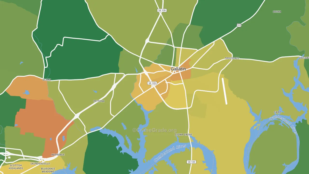 Gallatin, TN Map of Vehicle Theft Rates