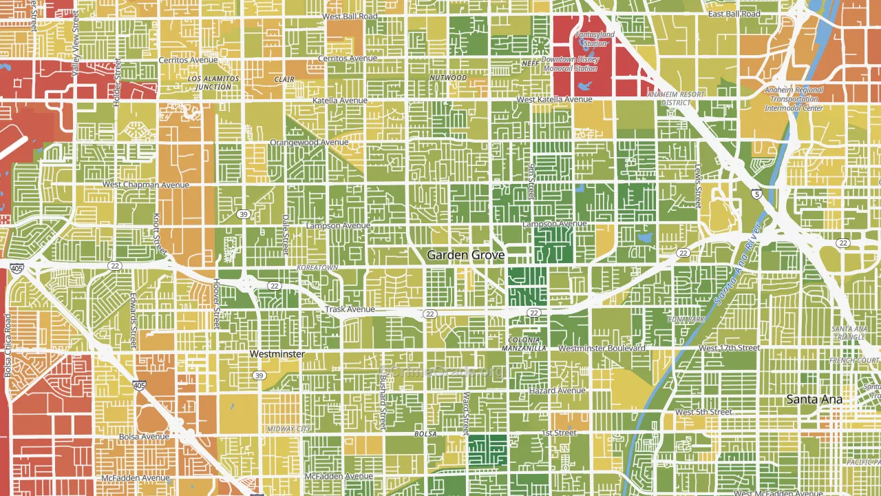 Garden Grove, CA Map of Vehicle Theft Rates