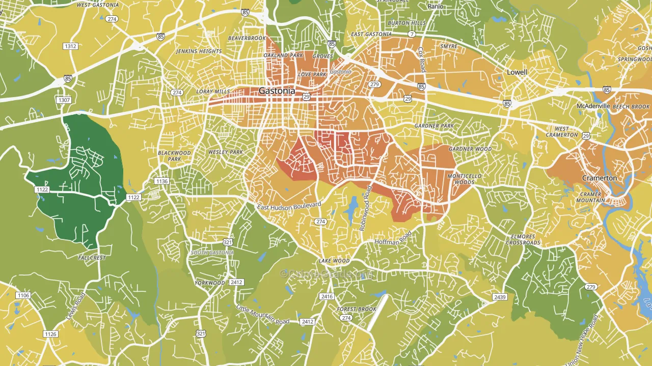 Gastonia, NC Map of Vehicle Theft Rates