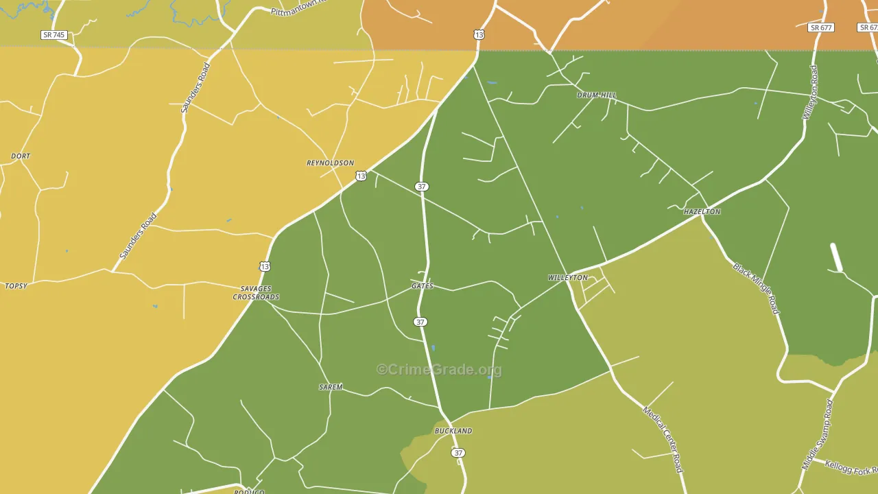 Gates, NC Map of Vehicle Theft Rates