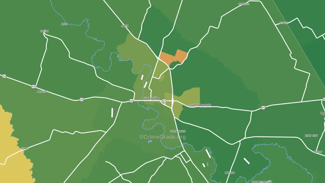 Gatesville, TX Map of Vehicle Theft Rates