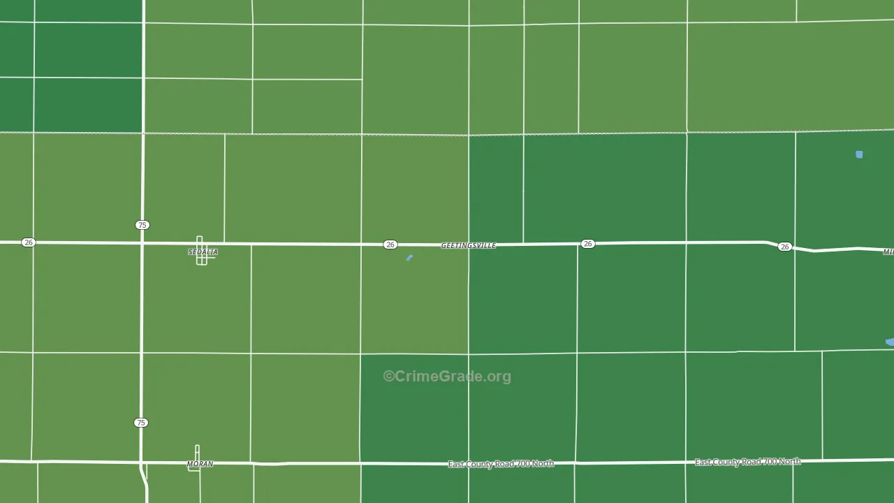 Geetingsville, IN Map of Vehicle Theft Rates