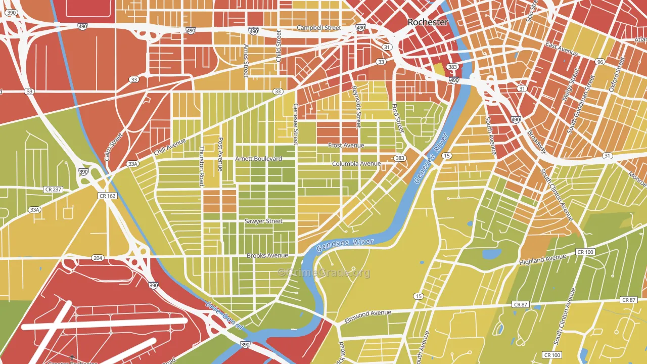 Genesee-Jefferson, Rochester, NY Map of Vehicle Theft Rates