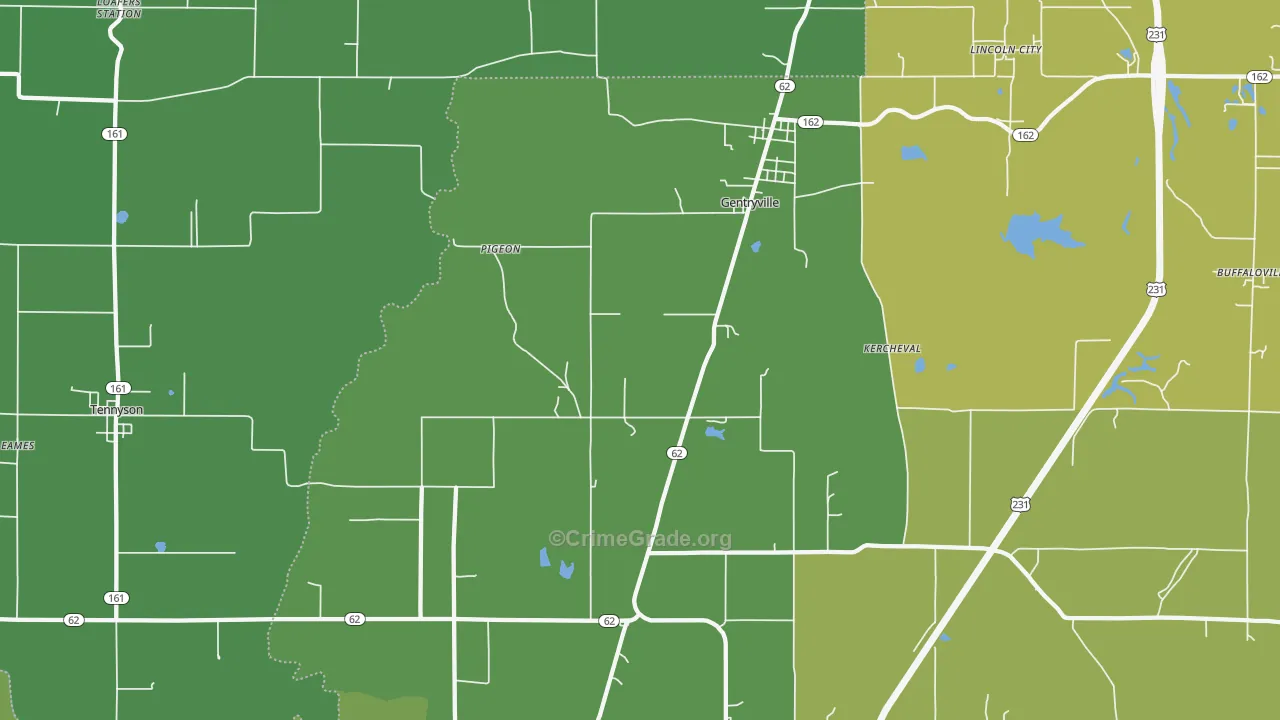 Gentryville, IN Map of Vehicle Theft Rates