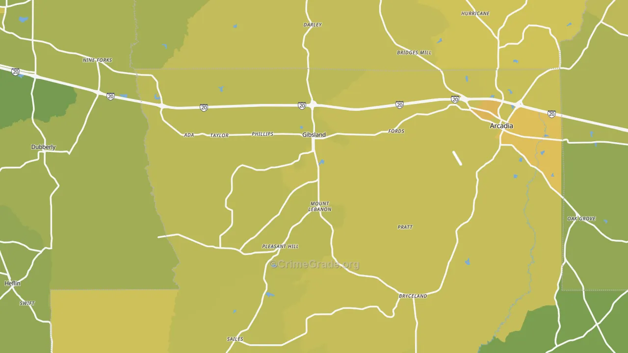 Gibsland, LA Map of Vehicle Theft Rates