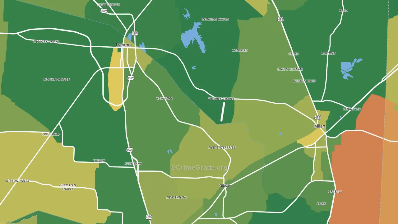 Gibson County, TN Map of Vehicle Theft Rates