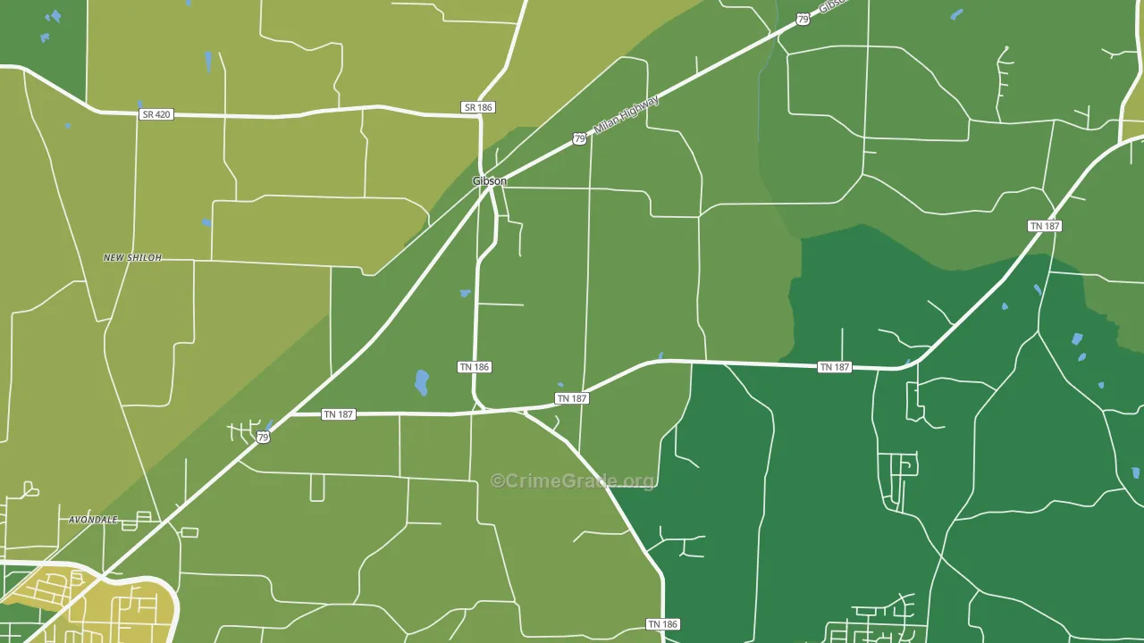 Gibson, TN Map of Vehicle Theft Rates