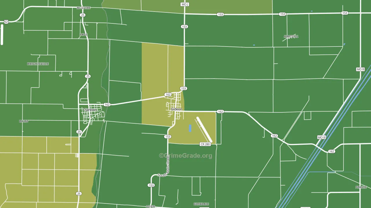 Gideon, MO Map of Vehicle Theft Rates