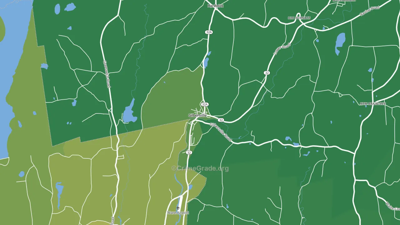 Gilbertville, MA Map of Vehicle Theft Rates