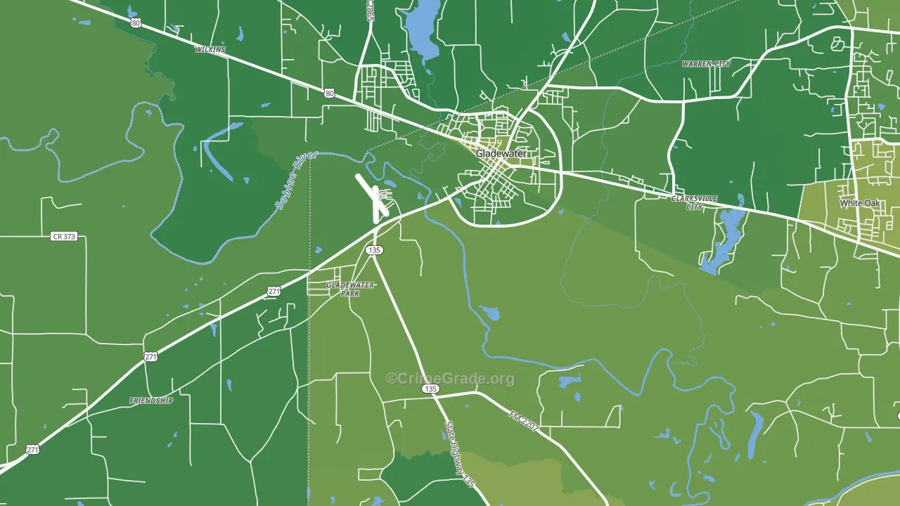 Gladewater, TX Map of Vehicle Theft Rates